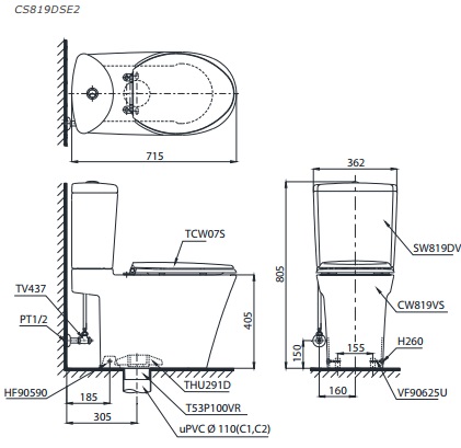 TOTO CS819DSE2 - Bồn cầu thông minh nắp rửa cơ TCW07S 1 bản vẽ bồn cầu TOTO CS819DSE2 nắp rửa cơ