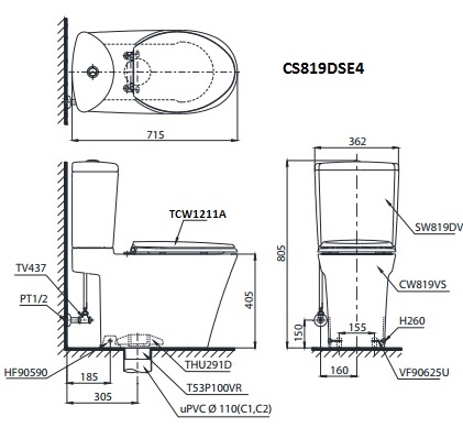 TOTO CS819DSE4 - Bồn cầu thông minh nắp rửa cơ TCW1211A 1 bản vẽ bồn cầu TOTO CS819DSE4 nắp rửa cơ