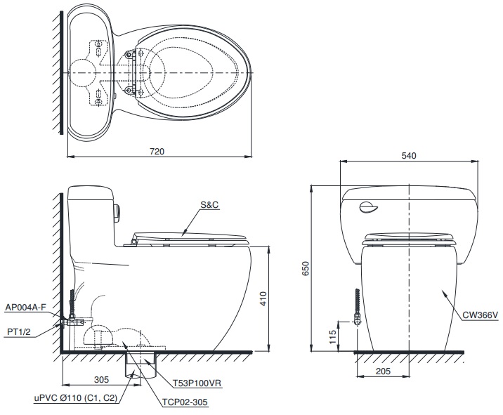 TOTO MS366T7 - Bồn cầu 1 khối nắp êm TC6040S 1 Bản vẽ bồn cầu TOTO MS366T7 - Xí bệt bàn cầu vệ sinh 1 khối