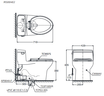 TOTO MS884E2 - Bồn cầu thông minh nắp rửa cơ TCW07S 1 bản vẽ bồn cầu TOTO MS884E2 nắp rửa cơ