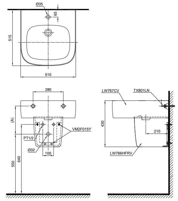 TOTO LHT767CR - Chậu lavabo treo tường chân ngắn 1 Bản vẽ bồn rửa mặt lavabo TOTO LHT767CR