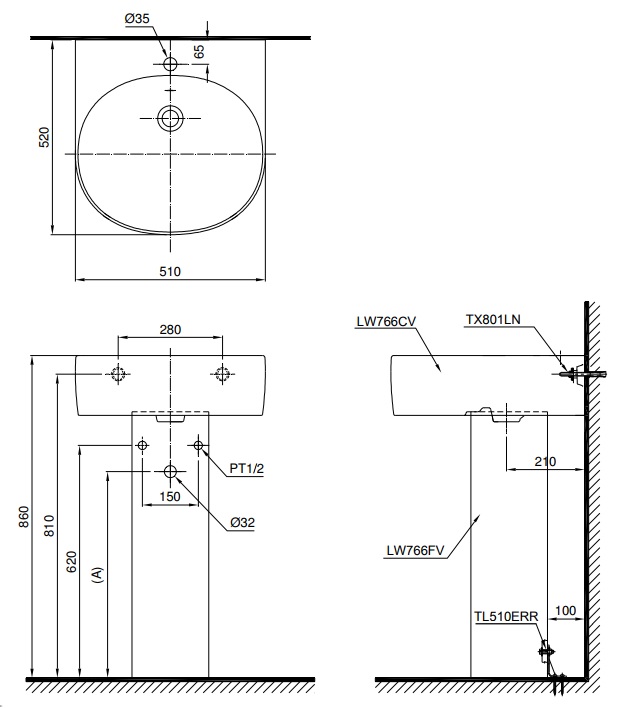 TOTO LPT766C - Chậu lavabo treo tường chân dài 1 Bản vẽ bồn rửa mặt lavabo TOTO LPT766C