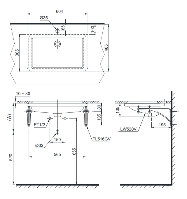 TOTO LT520T - Chậu lavabo âm bàn 1 Bản vẽ bồn rửa mặt lavabo TOTO LT520T