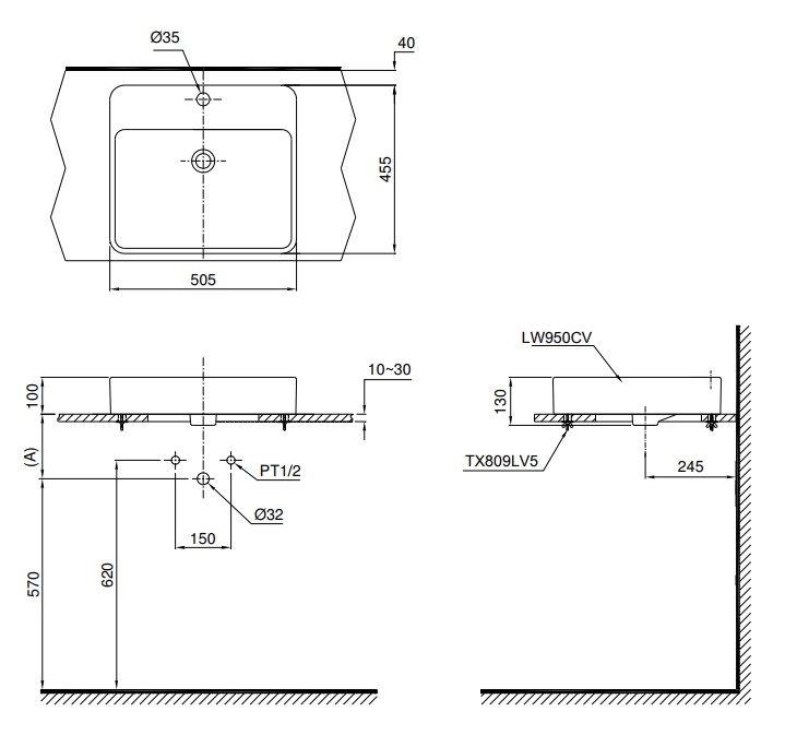 TOTO LT950C - Chậu lavabo đặt bàn 2 Bản vẽ bồn rửa mặt TOTO LT950C