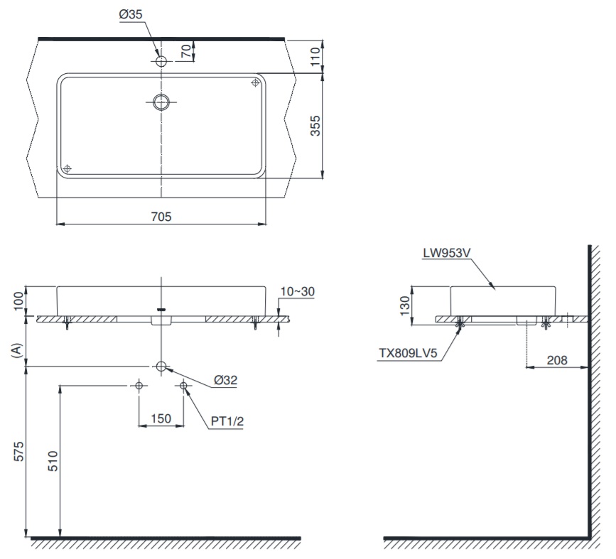 TOTO LT953 - Chậu lavabo đặt bàn 1 Bản vẽ bồn rửa mặt TOTO LT953