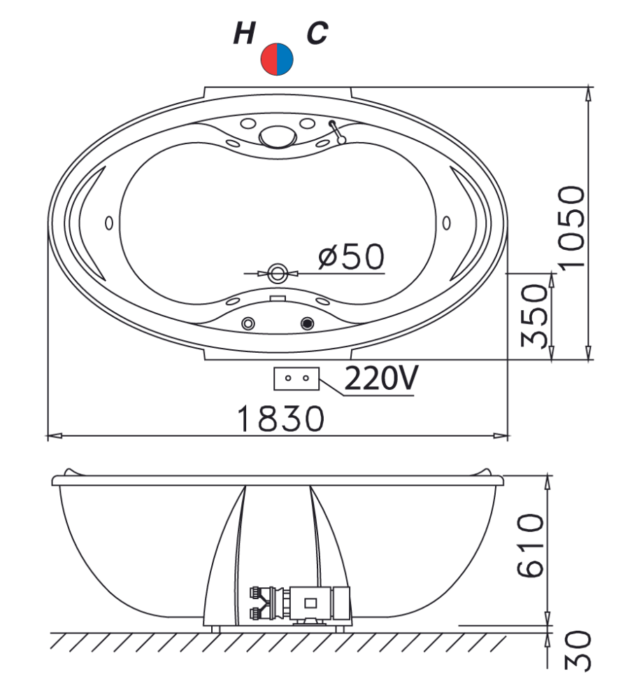 CAESAR MT3280 - Bồn tắm massage xây 1 Bản vẽ bồn tắm chân yếm massage MT3280
