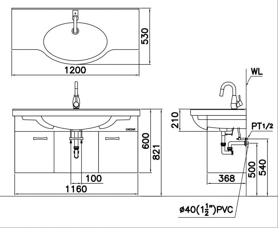 CAESAR LF5324 - Chậu lavabo đặt bàn 4 Bản vẽ kĩ thuật lavabo treo tường Caesar LF5324+EH213V