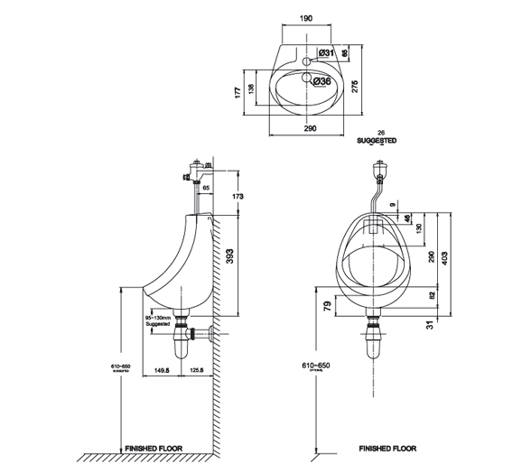 AMERICAN STANDARD VF-0414 - Bồn tiểu nam 1 Bản vẽ kỹ thuật bồn tiểu treo tường American Standard VF-0414