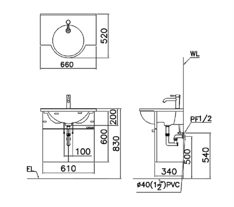 CAESAR LF5304 - Chậu lavabo đặt bàn 1 Bản vẽ kỹ thuật chậu rửa mặt LF5304 EH165V treo tường