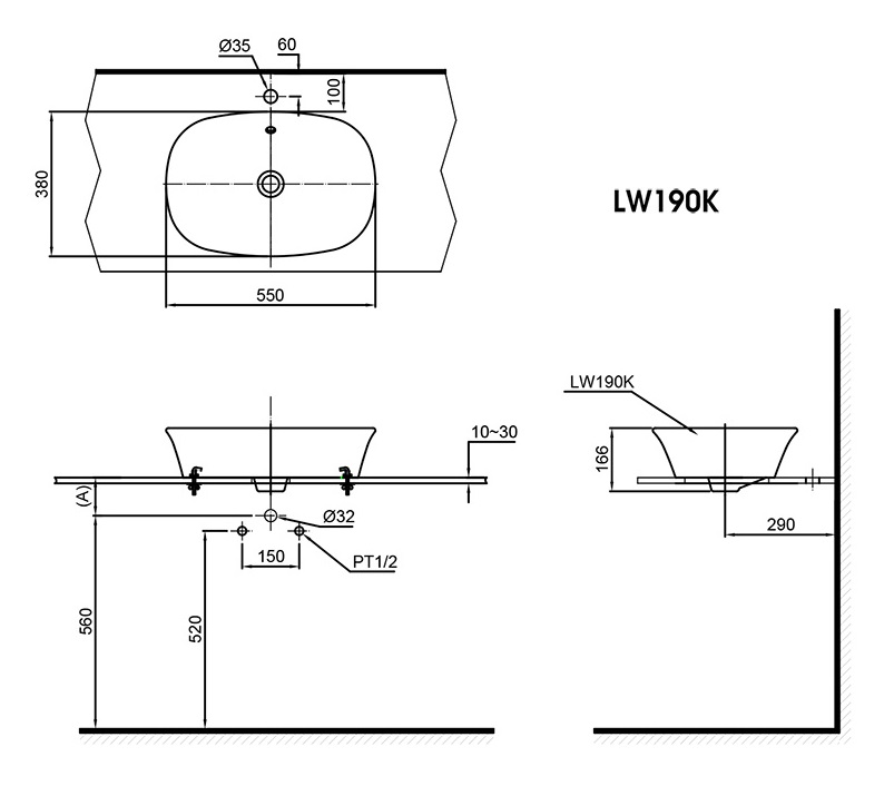 TOTO LW190K - Chậu lavabo đặt bàn 1 Bản vẽ kỹ thuật lavabo LW190K