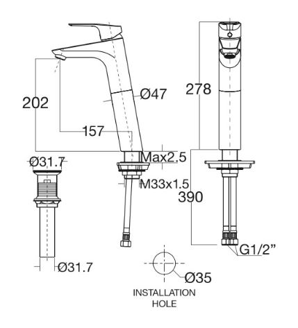Bản vẽ kỹ thuật vòi lavabo WF-0303 nóng lạnh American Standard