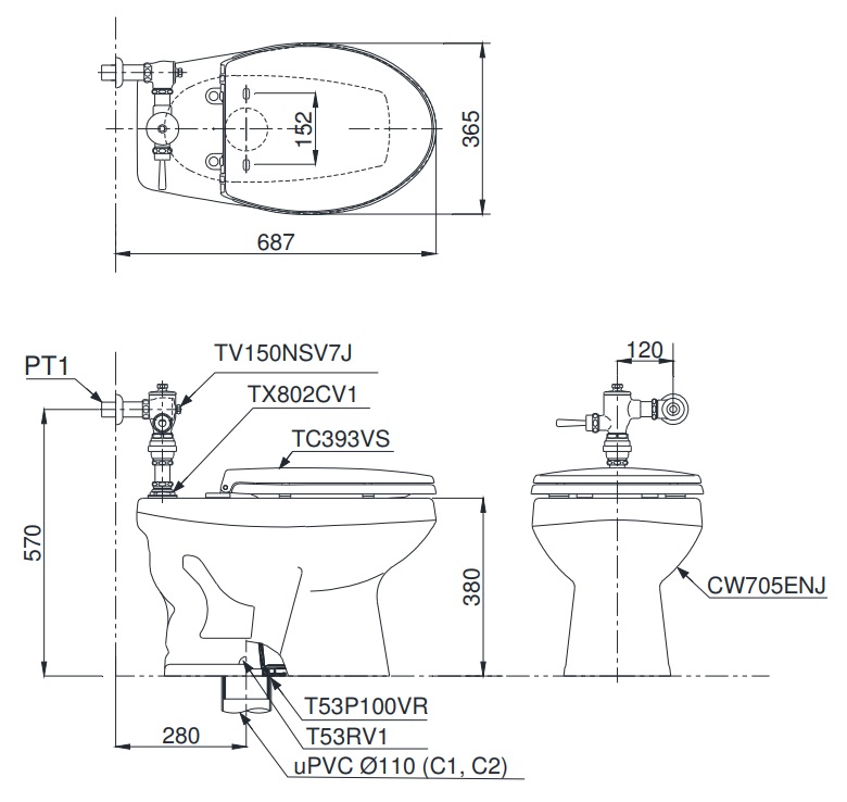 TOTO CW705ENJ TV150NSV7J - Bồn cầu 2 khối nắp êm 1 Bản vẽ kỹ thuật xí bệt CW705ENJ/TV150NSV7J