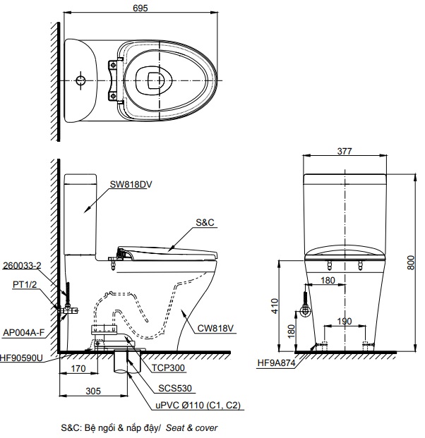 TOTO CS818DT8 - Bồn cầu 2 khối nắp êm TC600VS 1 Bản vẽ kỹ thuật xí bệt TOTO CS818DT8