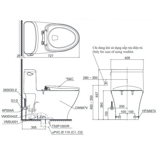 Bồn cầu 1 khối TOTO MS887RE2 nắp rửa cơ TCW07S 2