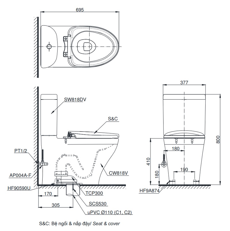 TOTO CS818DW6 - Bồn cầu thông minh nắp rửa điện tử TCF6531Z