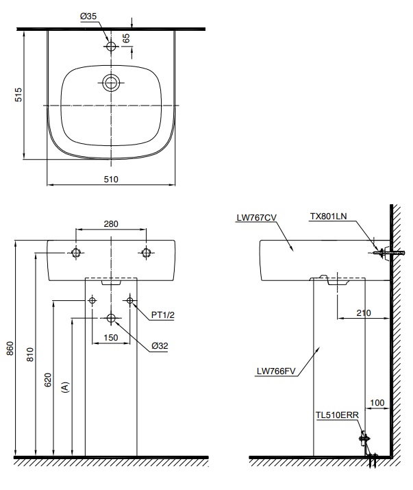 TOTO LPT767C - Chậu lavabo treo tường chân dài 1 TOTO LPT767C - Chậu lavabo treo tường chân dài