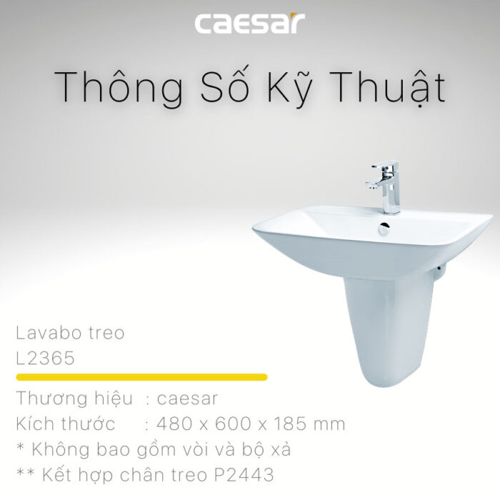 chậu lavabo treo tường CAESAR L2365 P2443 chân lửng - Ảnh 5