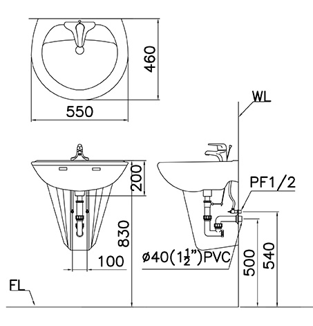 CAESAR L2220 P2436 - Chậu lavabo treo tường chân ngắn