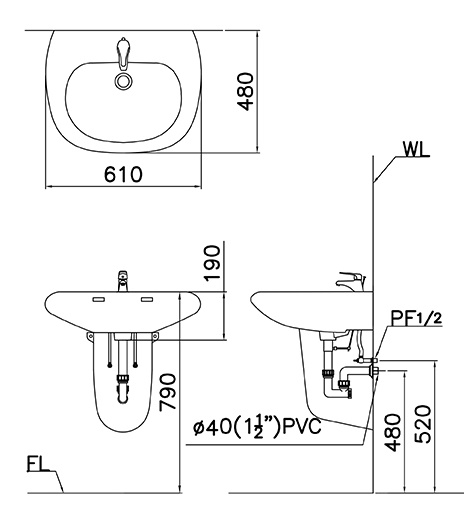 CAESAR L2560 P2441 - Chậu lavabo treo tường chân ngắn 1 CAESAR L2560 P2441 - Chậu lavabo treo tường chân ngắn