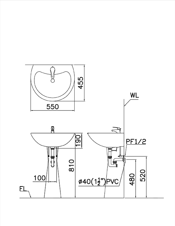 CAESAR L2155 P2440 - Chậu lavabo treo tường chân dài