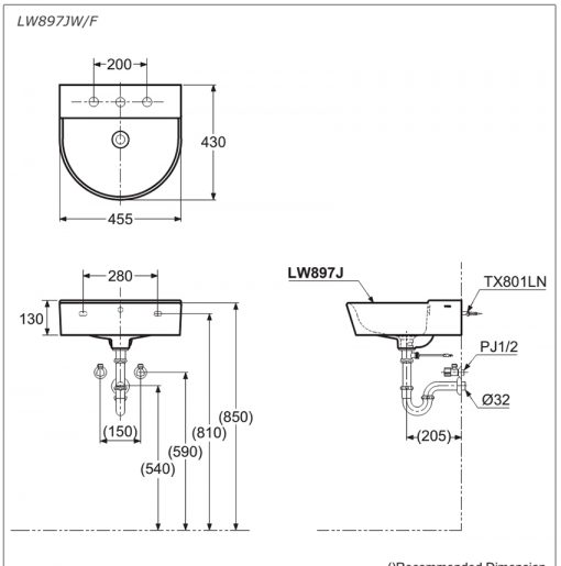 CHẬU RỬA LAVABO TOTO LW897CJW F TREO TƯỜNG 3 LỖ 2