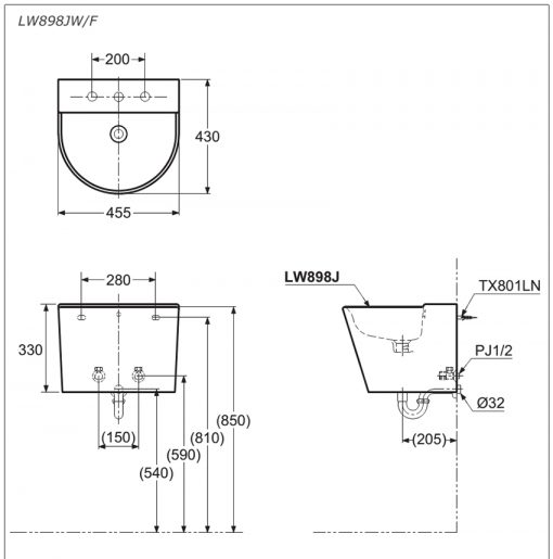 Chậu rửa lavabo TOTO LW898JW F#W treo tường 3 lỗ 2