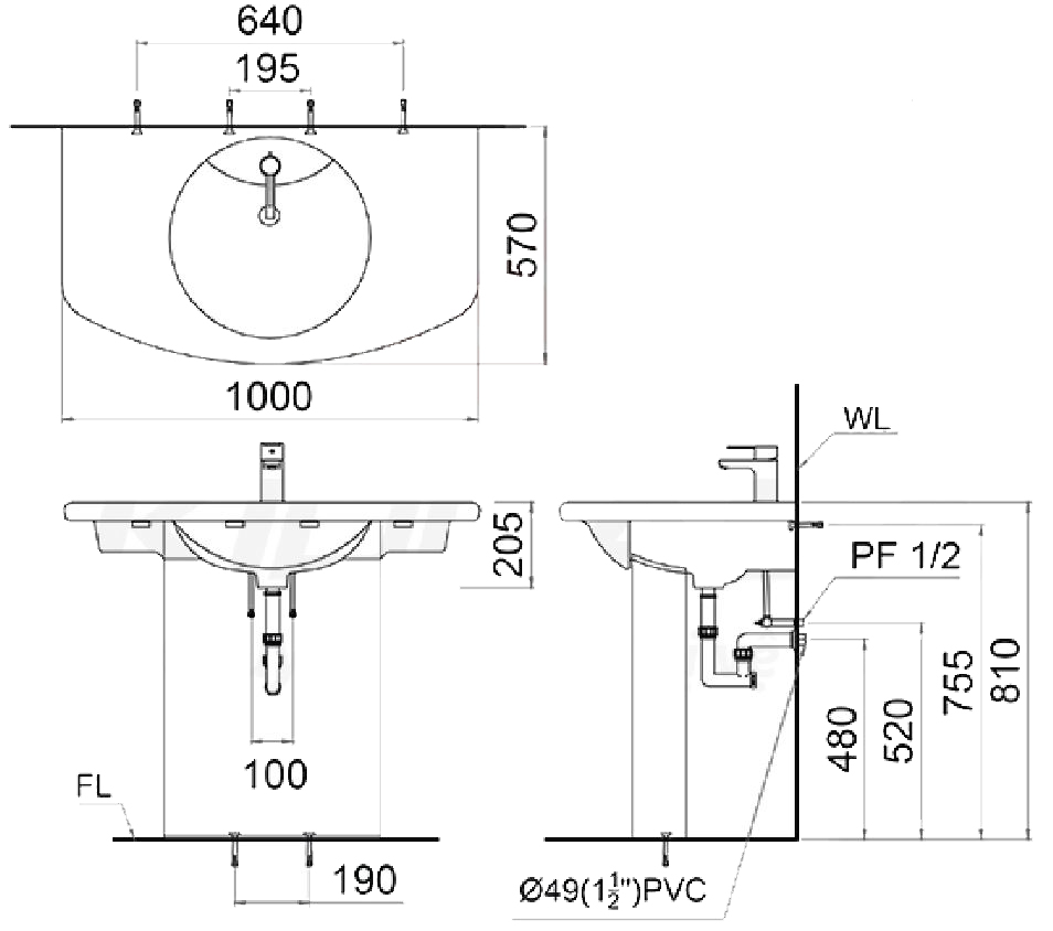 CAESAR LF5314 PF2414 - Chậu lavabo treo tường chân dài 1 CAESAR LF5314 PF2414 - Chậu lavabo treo tường chân dài