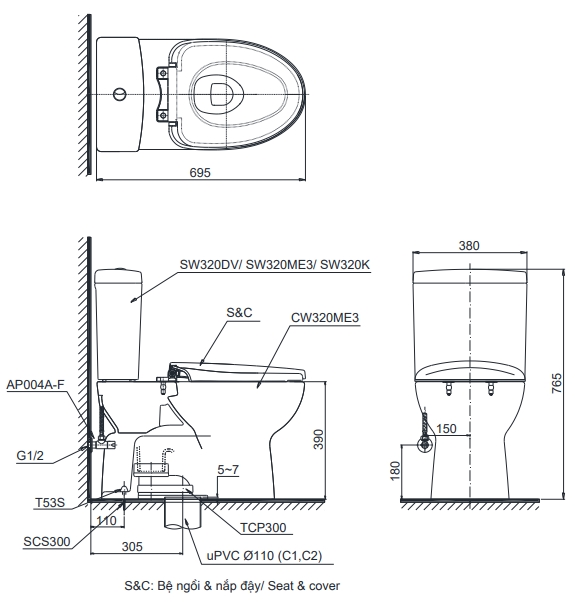 TOTO CS325DMT3 - Bồn cầu 2 khối nắp êm TC385VS