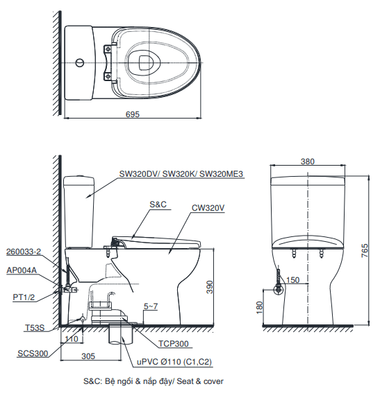 TOTO CS325DMT8 - Bồn cầu 2 khối nắp êm TC600VS