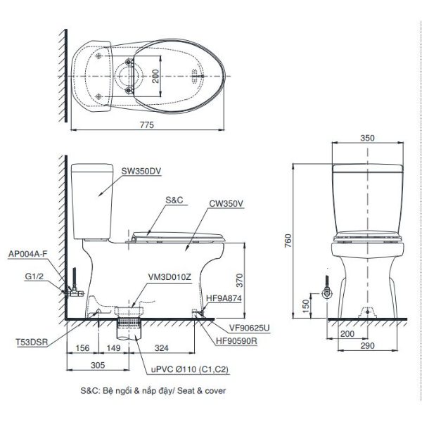 TOTO CS351DW11 - Bồn cầu thông minh nắp rửa điện tử TCF4911Z