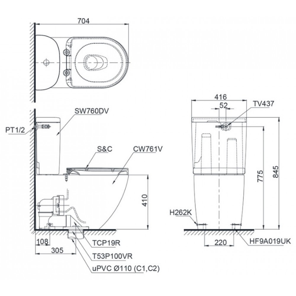TOTO CS761PDW5 - Bồn cầu thông minh nắp rửa điện tử TCF4732A