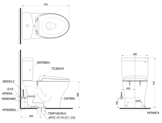 TOTO CS769DRT2 (CS769DRT2) - Bồn cầu 2 khối nắp êm TC393VS 1 TOTO CS769DRT2 (CS769DRT2) - Bồn cầu 2 khối nắp êm TC393VS