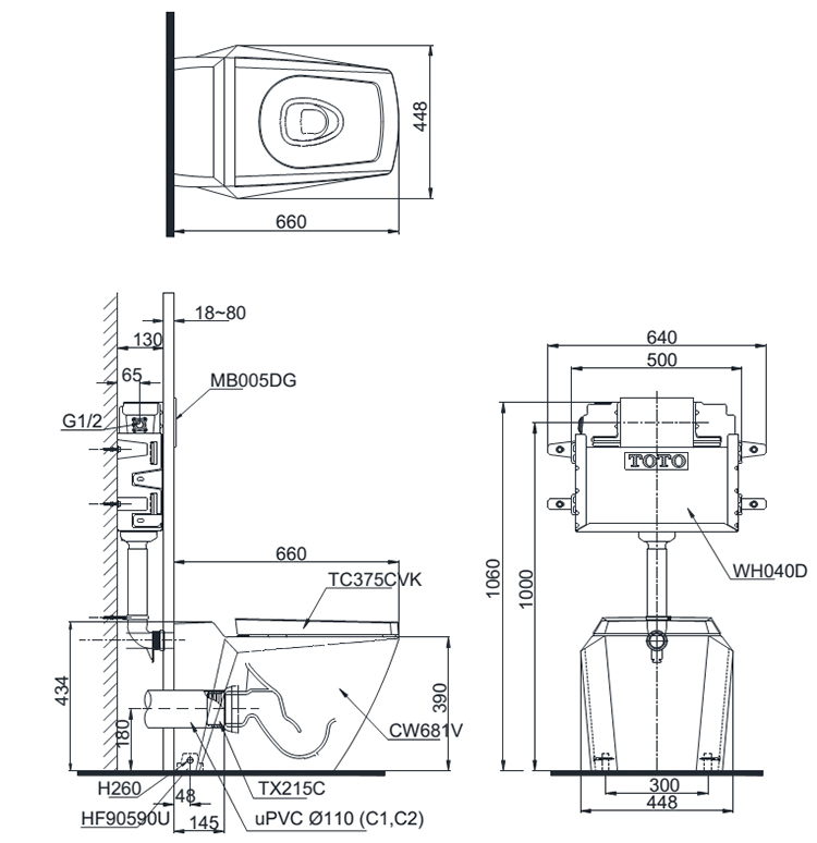 TOTO CW682#XW TC375CVK#W - Bồn cầu treo tường nắp êm