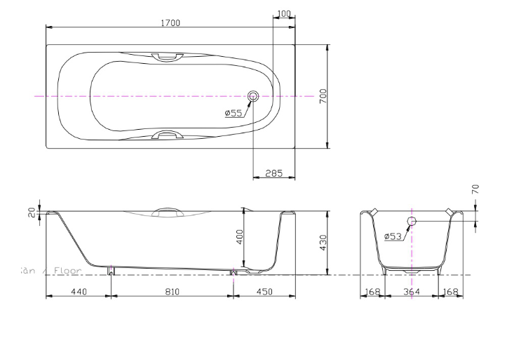 TOTO FBY1740HPE/DB505R-2B - Bồn tắm xây gang tráng men 2 TOTO FBY1740HPE/DB505R-2B - Bồn tắm xây gang tráng men