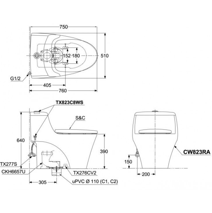 TOTO MS823RAE4#XW - Bồn cầu thông minh nắp rửa cơ TCW1211A 1 TOTO MS823RAE4#XW - Bồn cầu thông minh nắp rửa cơ TCW1211A