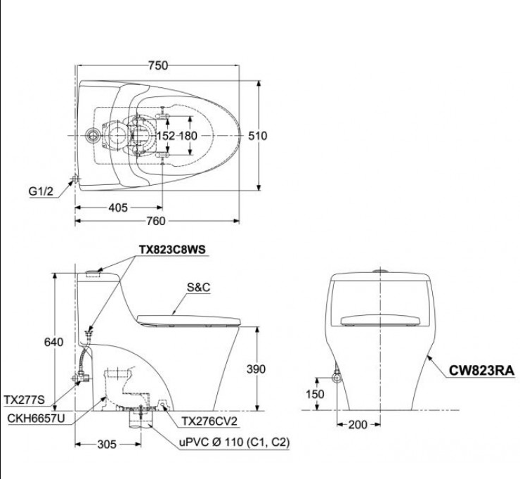 TOTO MS823RAT3#XW - Bồn cầu 1 khối nắp êm TC385VS