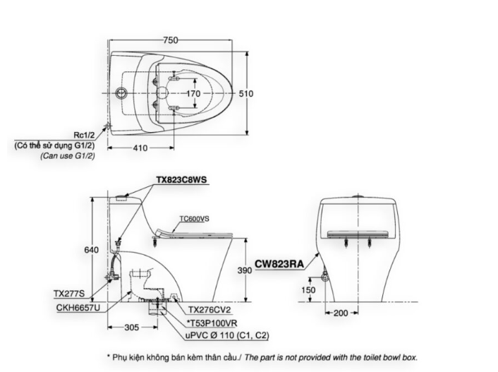 TOTO MS823RAT8#XW - Bồn cầu 1 khối nắp êm TC600VS
