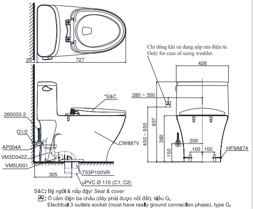TOTO MS887W11 (MS887RW11) - Bồn cầu thông minh nắp rửa điện tử TCF4911Z