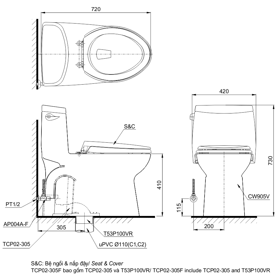 TOTO MS905W11 - Bồn cầu thông minh nắp rửa điện tử TCF4911Z