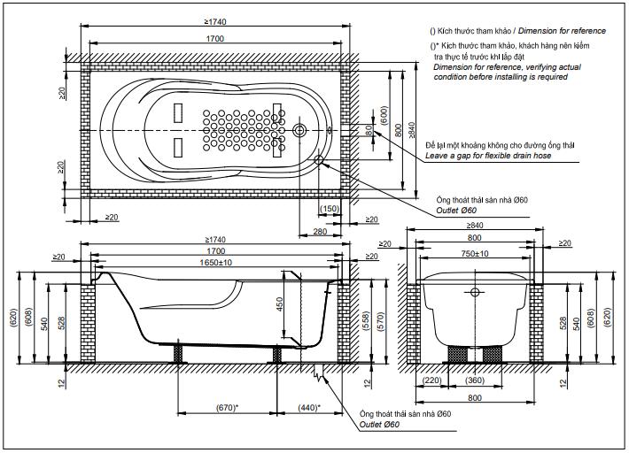 TOTO PAY1770D/DB501R-2B/TVBF412 - Bồn tắm xây