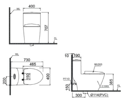 Bản vẽ kĩ thuật Bồn cầu 1 khối CAESAR CD1363 nắp êm MU263