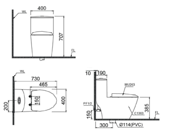 Bản vẽ kĩ thuật Bồn cầu 1 khối CAESAR CD1363 nắp êm MU263