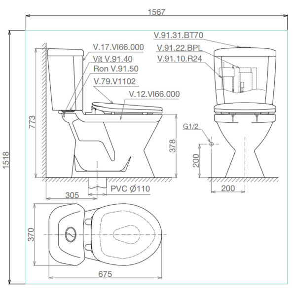 Bản-vẽ-kĩ-thuật-Bồn-cầu-2-khối-VIGLACERA-VI66-nắp-thường-V1102