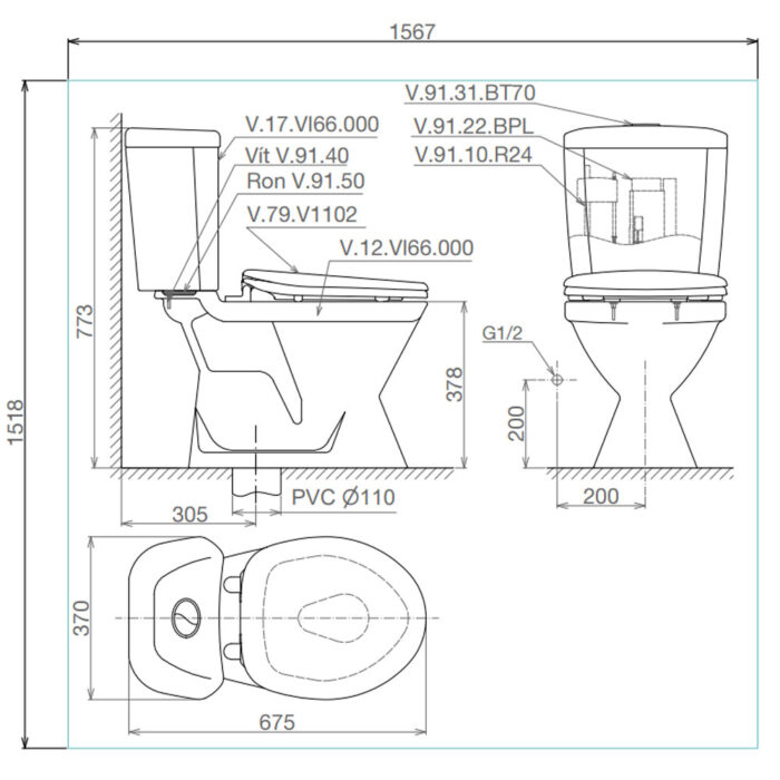 Bản-vẽ-kĩ-thuật-Bồn-cầu-2-khối-VIGLACERA-VI66-nắp-thường-V1102
