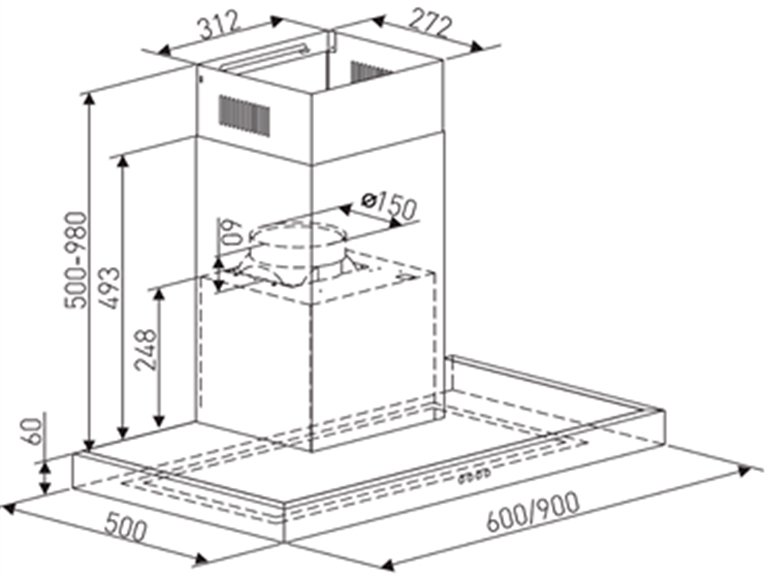 Bản vẽ kích thước Máy hút mùi ARBER AB600RB AB-600RB 60cm chữ T
