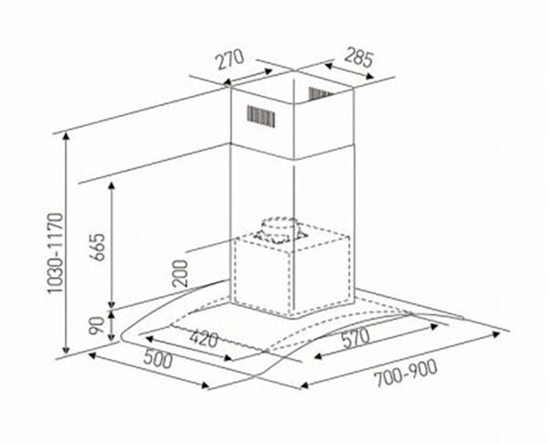 Bản vẽ kích thước Máy hút mùi ARBER AB705 AB-705 70cm kính cong