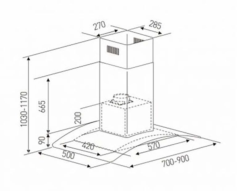 Bản vẽ kích thước Máy hút mùi ARBER AB705 AB-705 70cm kính cong