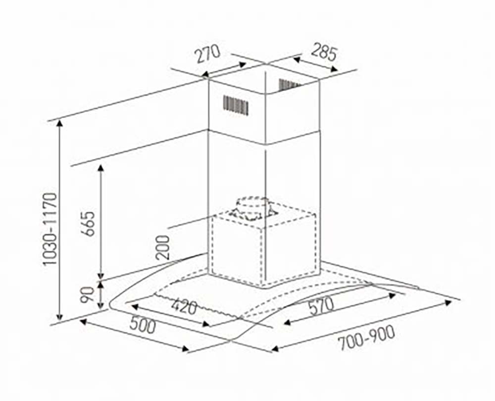 Bản vẽ kích thước Máy hút mùi ARBER AB705 AB-705 70cm kính cong