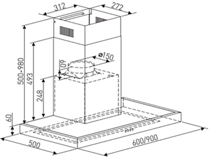 Bản vẽ kích thước Máy hút mùi ARBER AB900RB AB-900RB 90cm chữ T