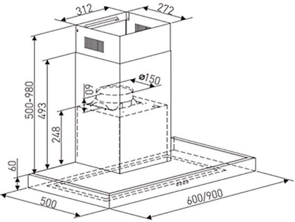 Bản vẽ kích thước Máy hút mùi ARBER AB900RB AB-900RB 90cm chữ T